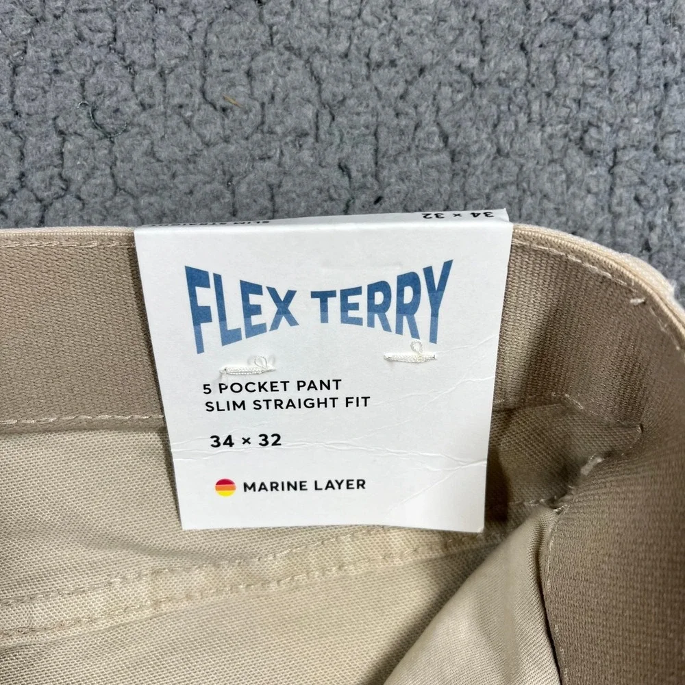 Marine Layer Flex Terry Pant Slim Straight Khaki Tan 34x32 NWT MRSP $148